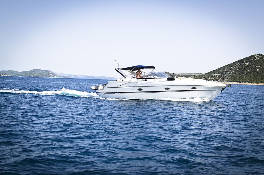 sea, sky, person, water, blue, boat, clouds, coast, cruise, luxury HD wallpaper