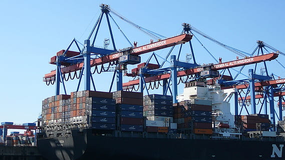 red and black container vans, hamburg, port, ship, freighter HD wallpaper