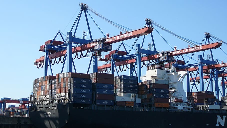 red and black container vans, hamburg, port, ship, freighter HD wallpaper