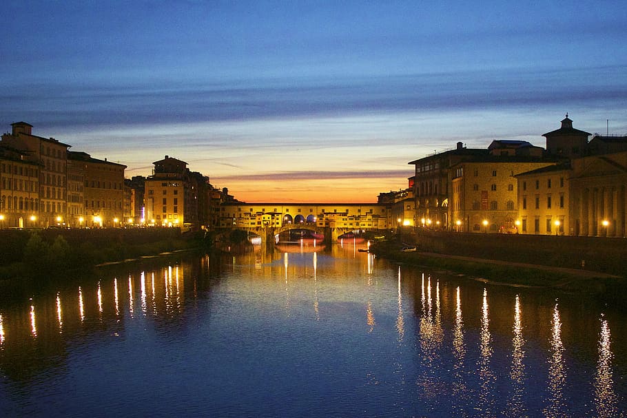 concrete building near river, Florence, Bridge, Night, Lights HD wallpaper
