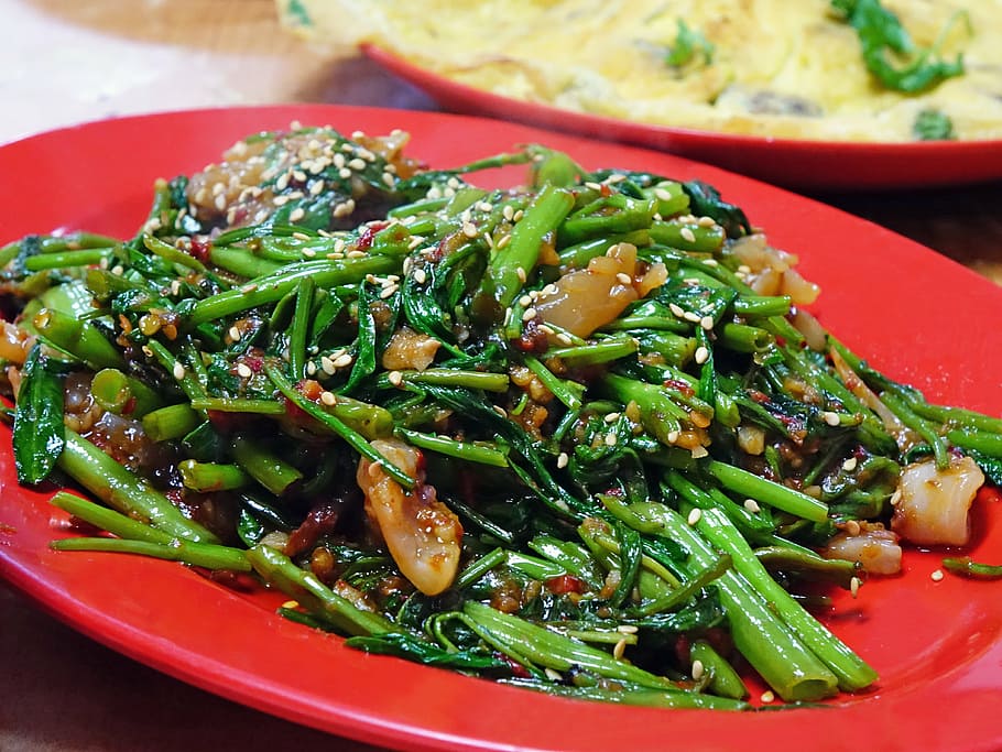 green vegetable, water spinach, kangkong, sambal chilli, stir-fried, HD wallpaper
