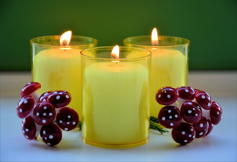 three cup candles on white surface, lights, flames, decorative HD wallpaper