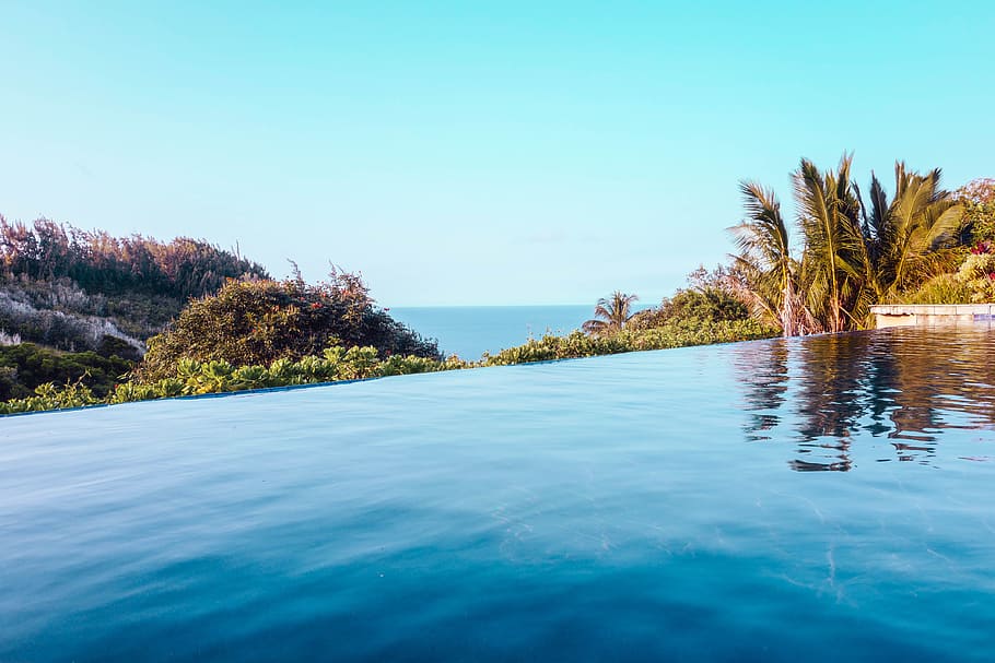 infinity pool beside trees during daytime photo, pool beside cliff