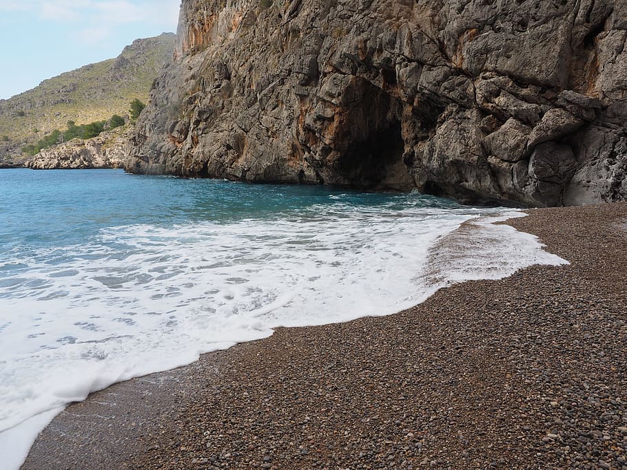 sea, wave, beach, pebble beach, booked, sa calobra, bay of sa calobra, HD wallpaper