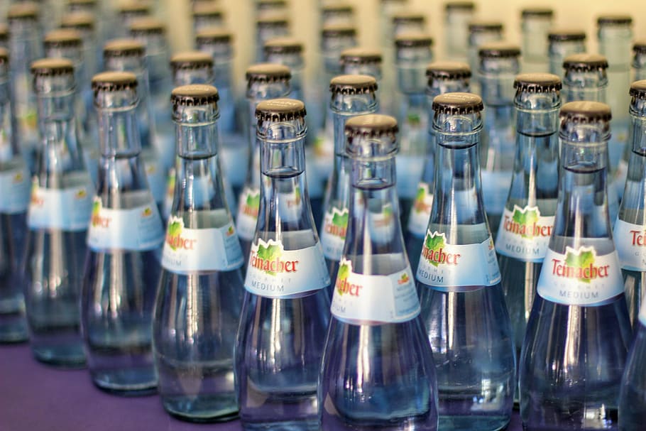 clear glass bottle lot, supply, water, water bottles, meeting, HD wallpaper