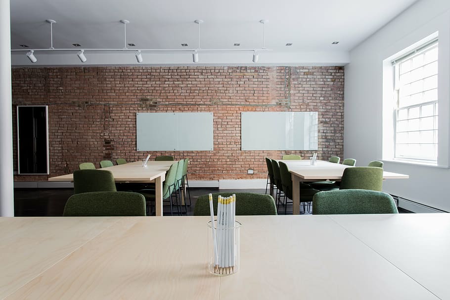 HD wallpaper: white pens on table, bricks, chairs, classroom, empty, office  | Wallpaper Flare