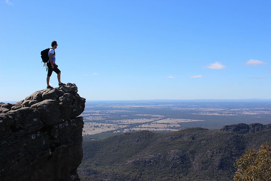 man on top of hill, backpack, scenic, hiking, nature, mountain HD wallpaper