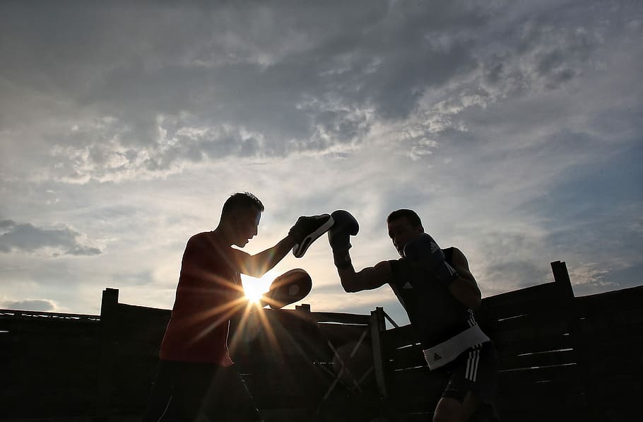 silhouette photo of two men training under gray clouds, Sport HD wallpaper