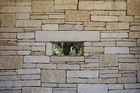 rectangular hole brick wall, rocks, background, architecture HD wallpaper