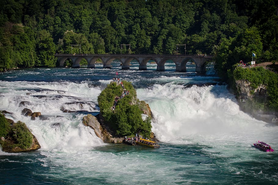 waters, river, nature, waterfall, travel, rhine, tree, motion HD wallpaper