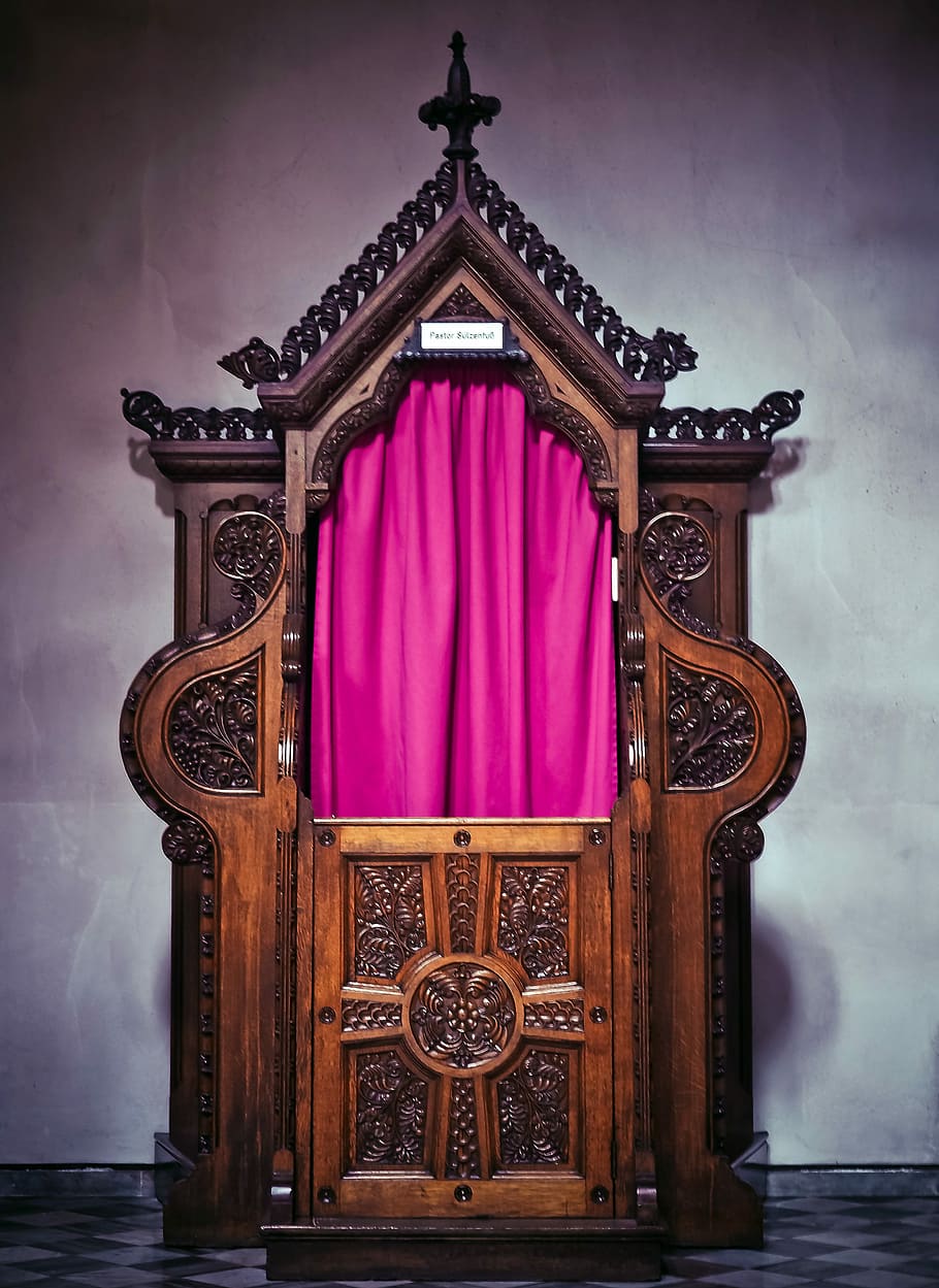 brown wooden room, confessional, church, furniture pieces, catholic church