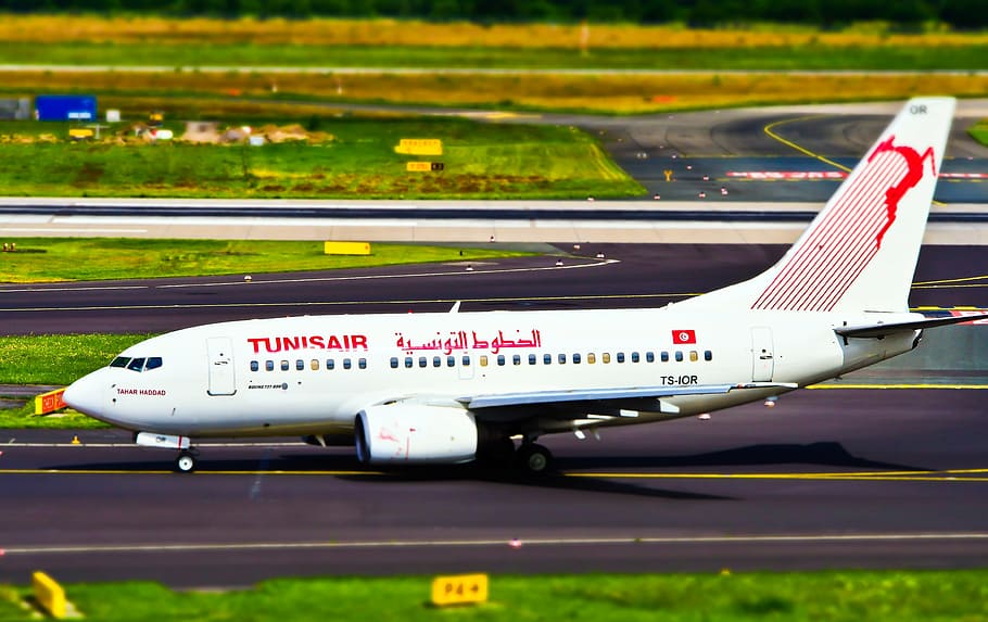 white Tunisair airplane during daytime, aircraft, airport, departure