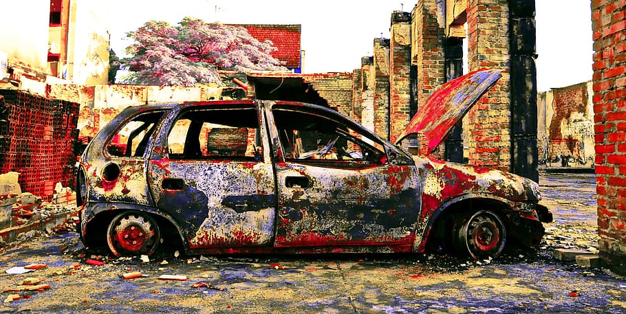 car, art, junkyard, mode of transportation, motor vehicle, land vehicle HD wallpaper