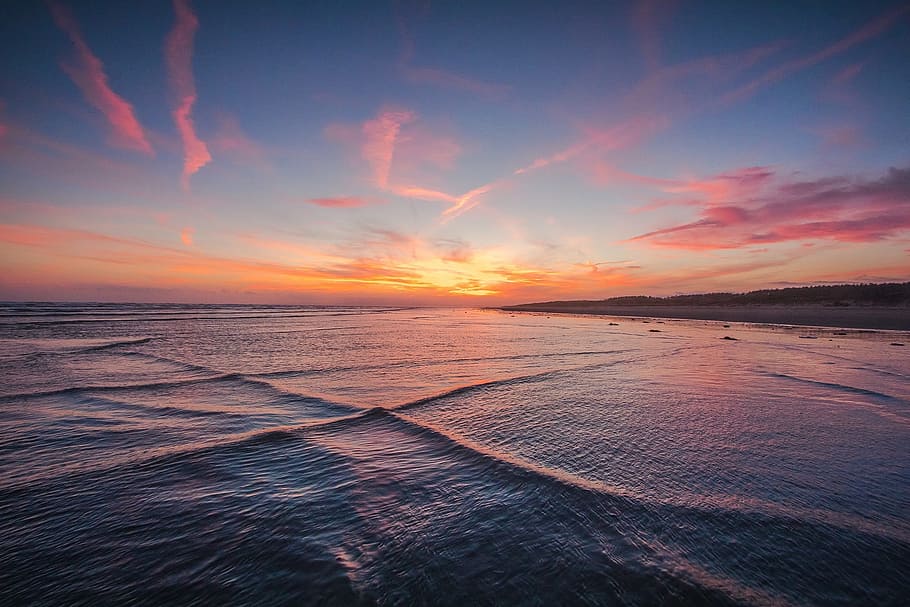 silhouette of sea under blue sky, Sunset, Coast, Waves, Ocean HD wallpaper