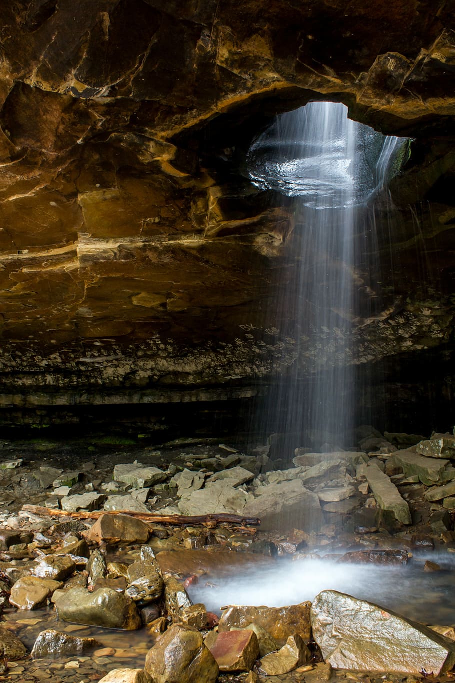 water from hole towards rocks inside cave, nature, waterfall HD wallpaper
