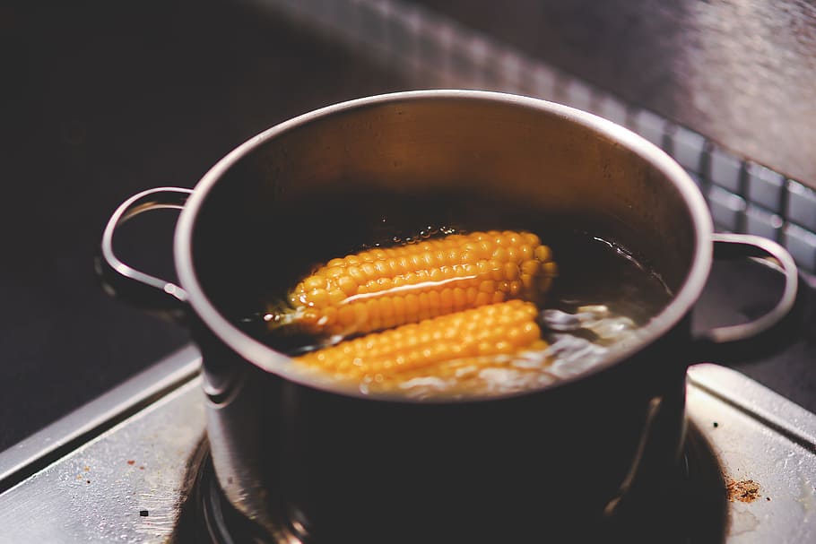 dutch oven filled with water and corn, Cooking, Boiling, Food, HD wallpaper