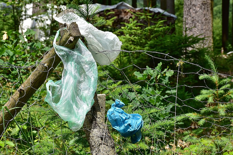 three plastic bags hanged on fence, Garbage, Plastic Waste, waste disposal
