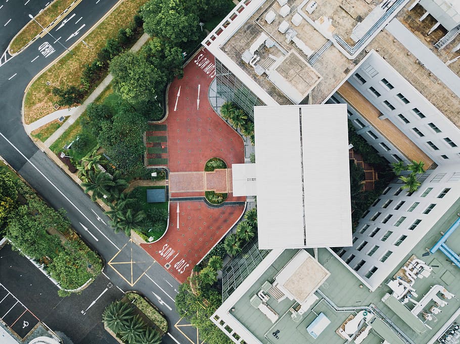 top view of city, aerial photography of white concrete building