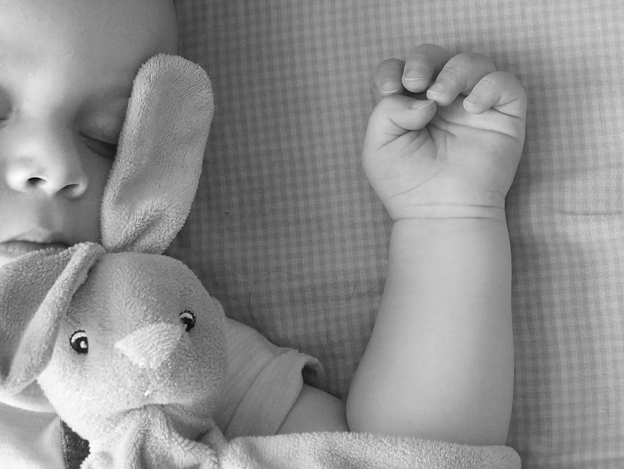 baby sleeping grayscale photo, black white, small child, hand tool, HD wallpaper
