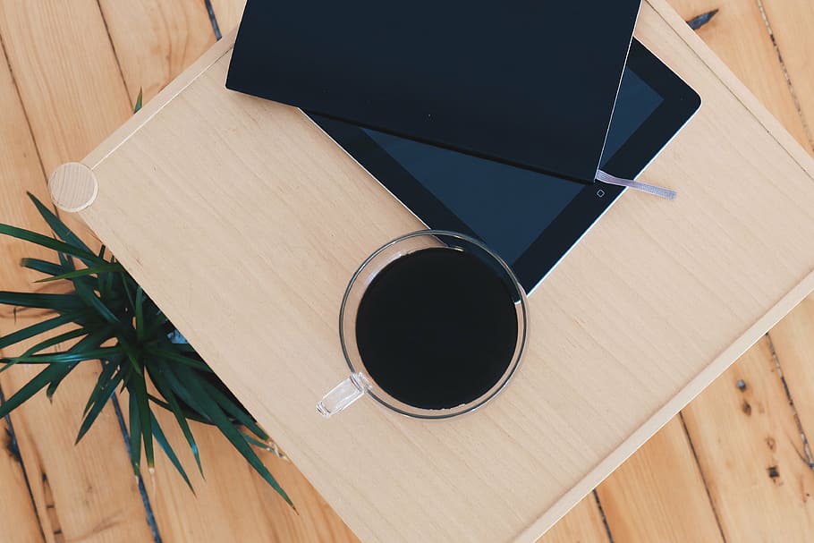 glass mug on table, furniture, objects, tablet, pc, cup, coffee HD wallpaper