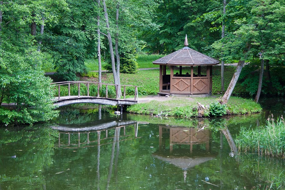 HD wallpaper: pond, nature, gazebo, plant, tree, water, lake