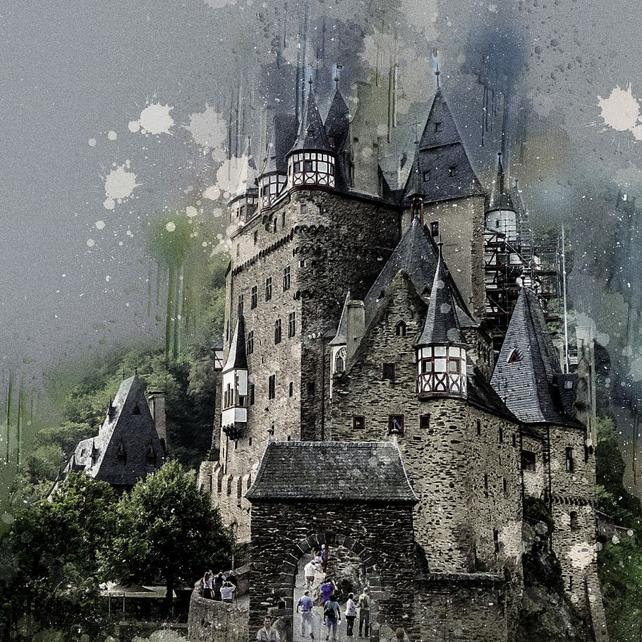 gray and black concrete castle painting, burg eltz, middle ages, HD wallpaper