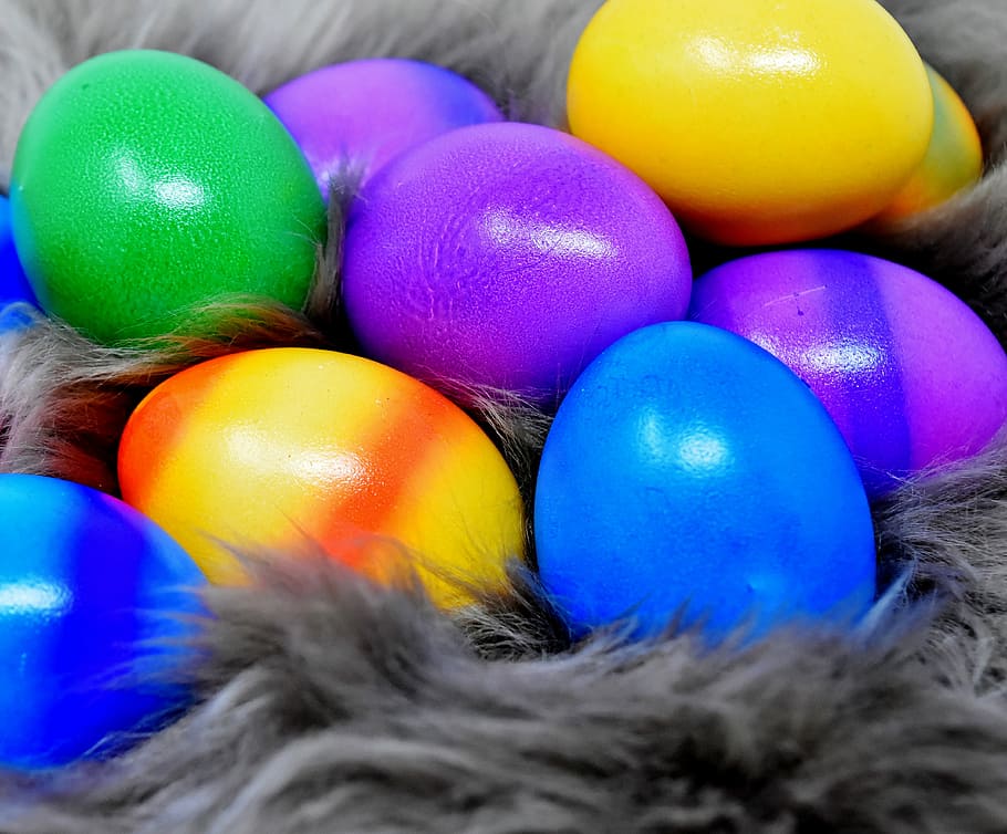 assorted eggs on fur textile, easter eggs, colorful, happy easter HD wallpaper