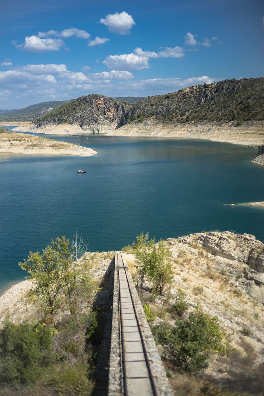 landscape, river, nature, clouds, rail, the end, mountain, water HD wallpaper