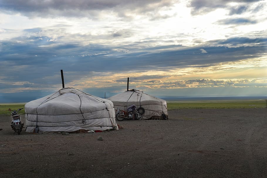 two white tents beside motocycles, mongolia, yurts, steppe, nomads, HD wallpaper