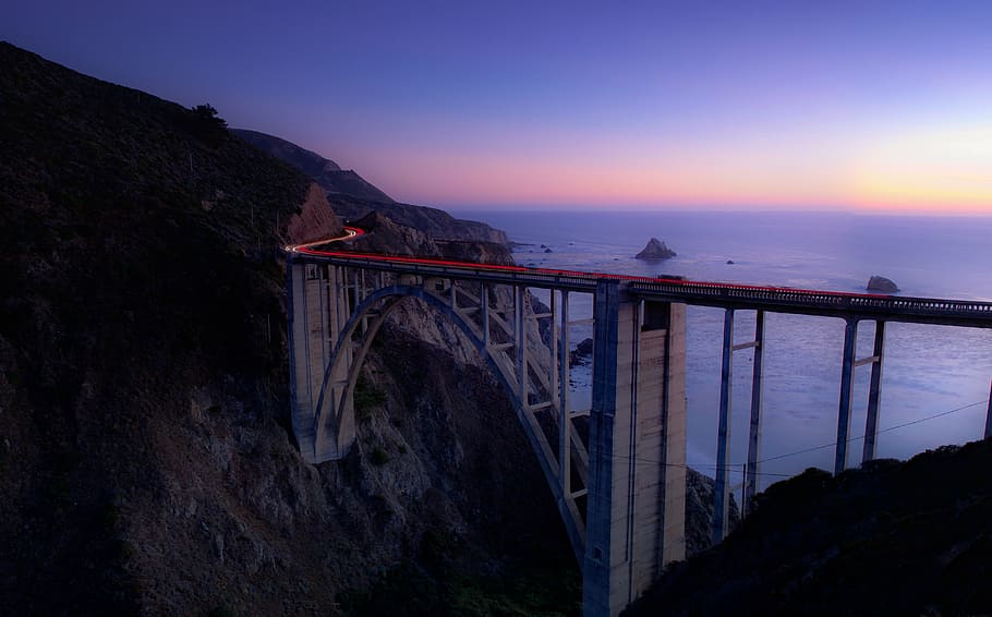 architecture, bridge, dawn, dusk, hills, lights, long exposure HD wallpaper