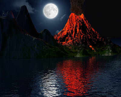 photography of erupted volcano at nighttime, eruption, moon HD wallpaper