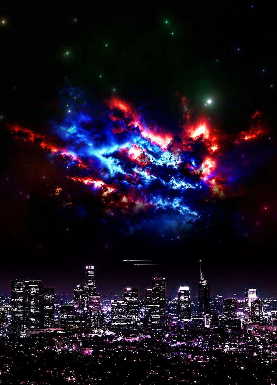city buildings under blue and red skies, science fiction, sci fi HD wallpaper