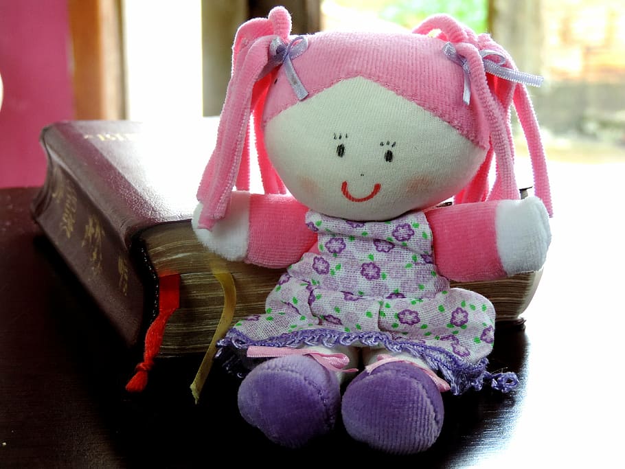 doll, bible, table, office, rag doll, toy, indoors, childhood HD wallpaper