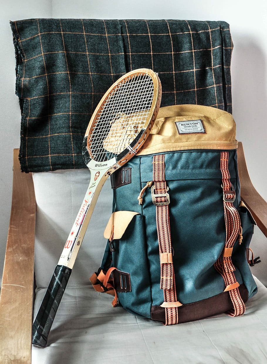 vintage brown tennis racket and green hiking backpack, untitled HD wallpaper