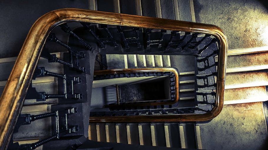 high angle view of spiral stairs, architecture, indoors, perspective HD wallpaper