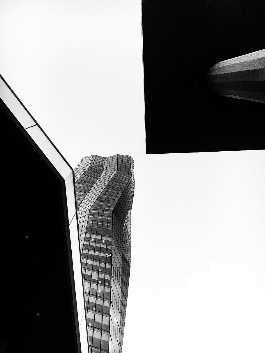 Grayscale Photo of Glass Curtain High Rise Building, architectural design HD wallpaper