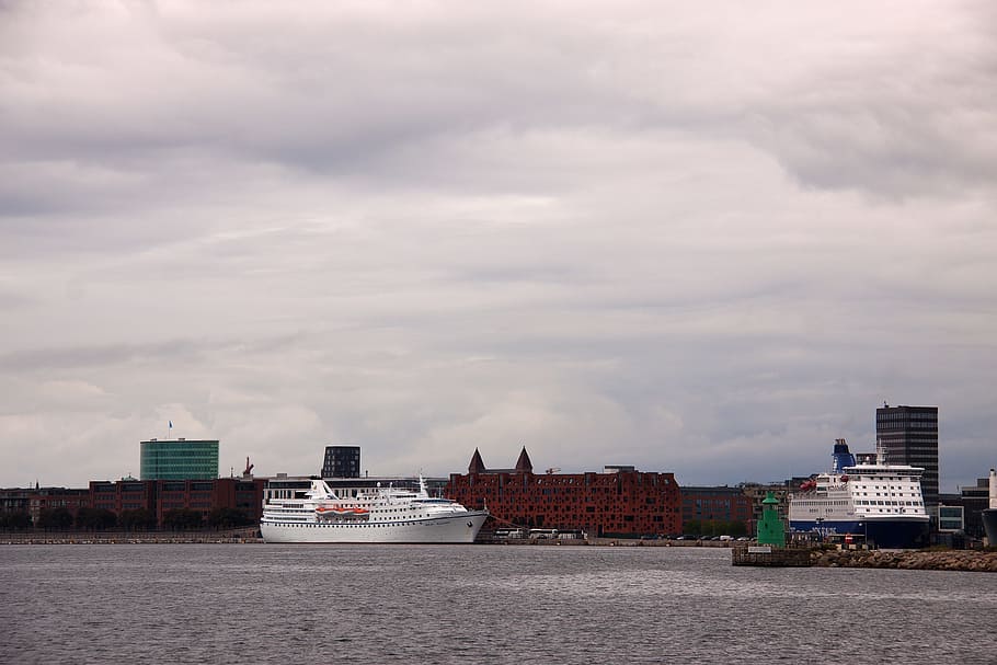 ferries, port, ships, berth, langelinie, sky, clouds, denmark, HD wallpaper