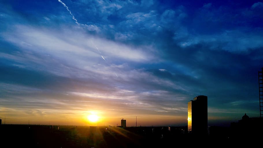 clouds, sky, sunset, landscape, cloud - sky, architecture, building exterior HD wallpaper