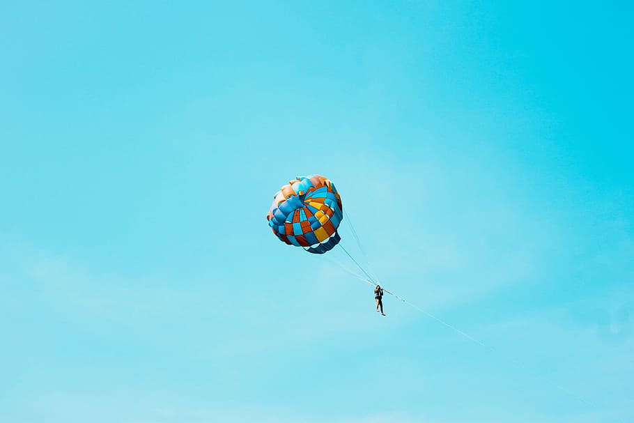 person using parachute on sky, person hanging hot air balloon surrounded blue sky, HD wallpaper