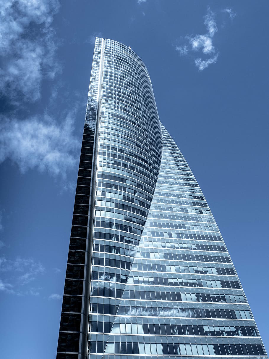 gray and black glass building, torres, madrid, sky, clouds HD wallpaper