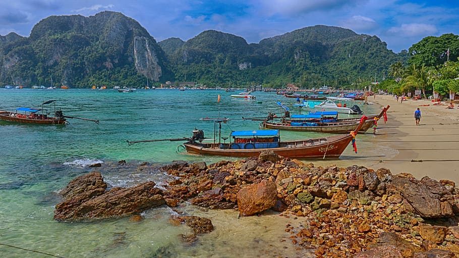 thailand, koh phi phi, paradise, beach, ocean, sea, boat, sky, HD wallpaper