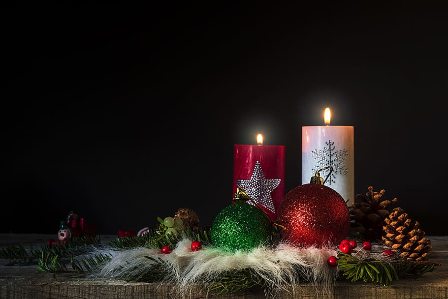 multicolored christmas candle decor, candles, flame, light, still life
