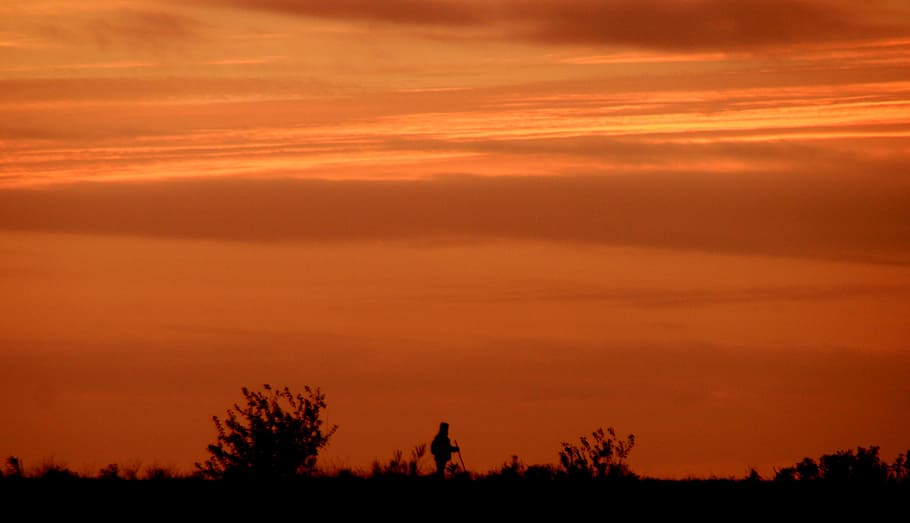 sunset, sky, cloud, in the evening, man, lonely, shadow, silhouette HD wallpaper