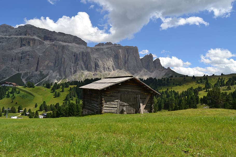 dom, dolomites, mountains, grass, architecture, plant, sky HD wallpaper