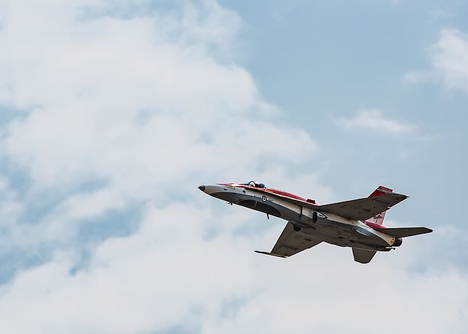 white and red plane in mid air at daytime, f18, cf18, air show, HD wallpaper