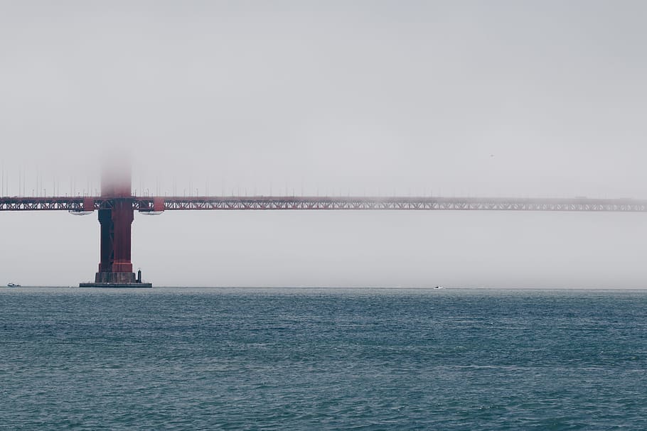 red bridge covered with fogs, landscape photography of river over bridge HD wallpaper