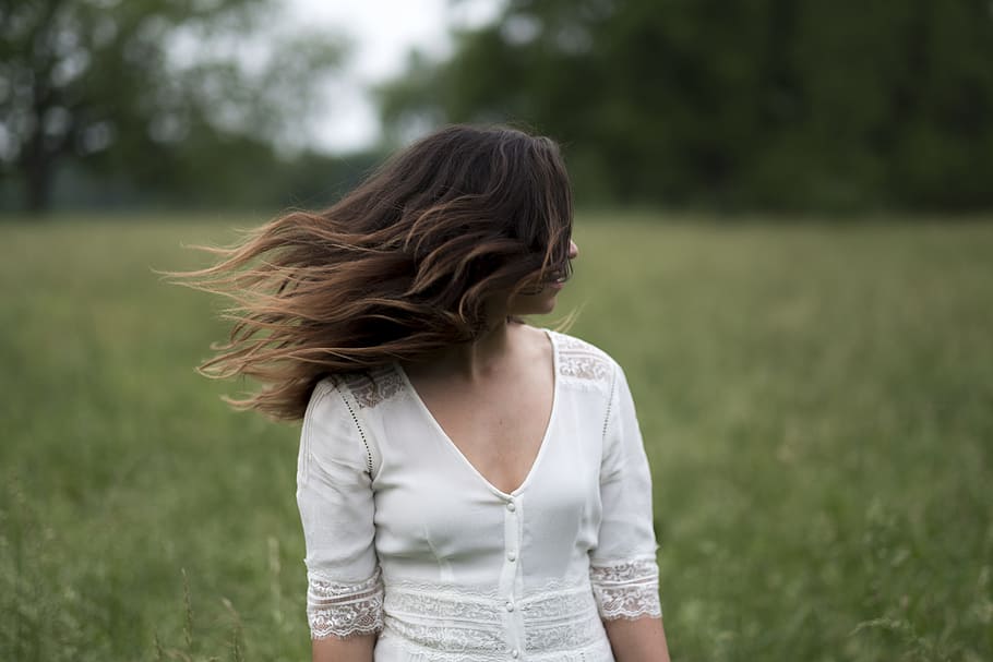 woman standing in grass field, move, hair, caucasian, brunette, HD wallpaper
