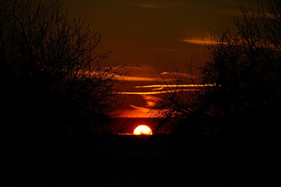 sunset, fireball, setting sun, abendstimmung, evening sky, romantic HD wallpaper