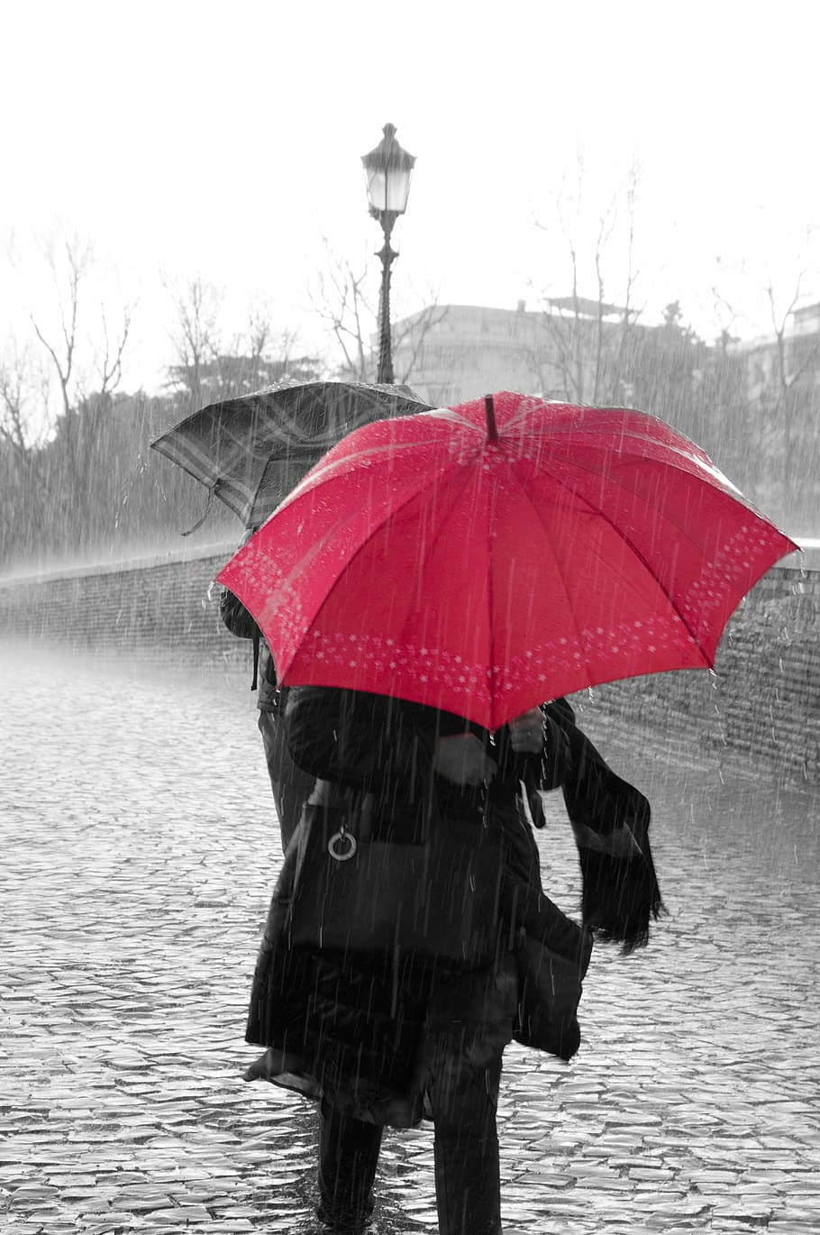 woman under umbrella, rain, water, drops, rainy, rainy day, red, HD wallpaper
