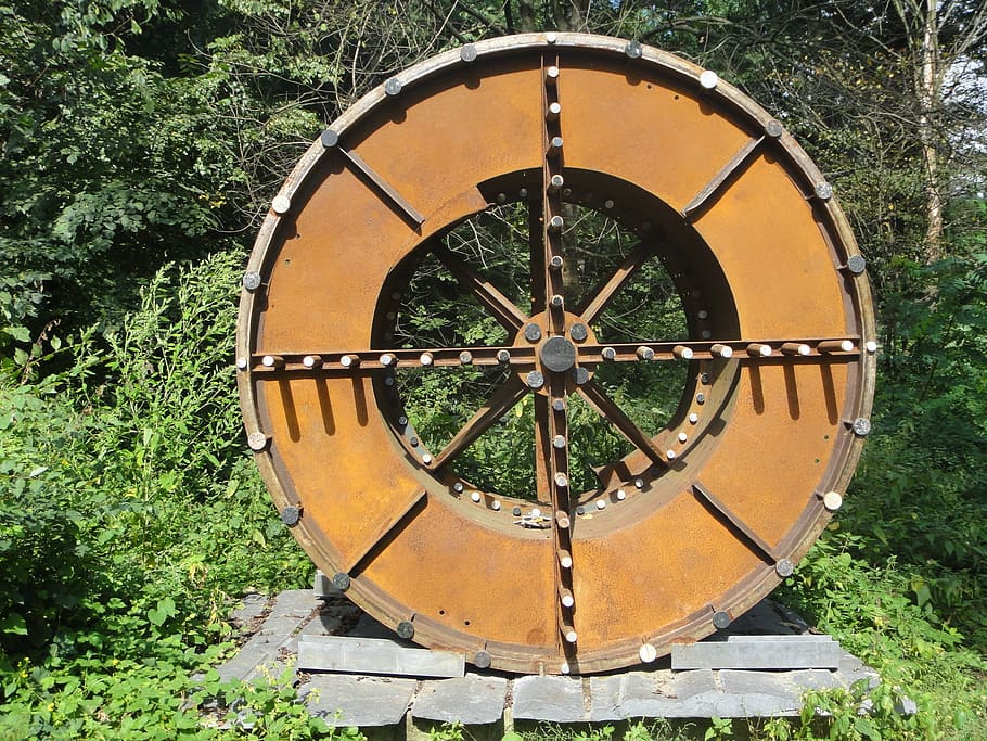 wheel, art, artwork, wheels, modern art, metal, plant, tree HD wallpaper